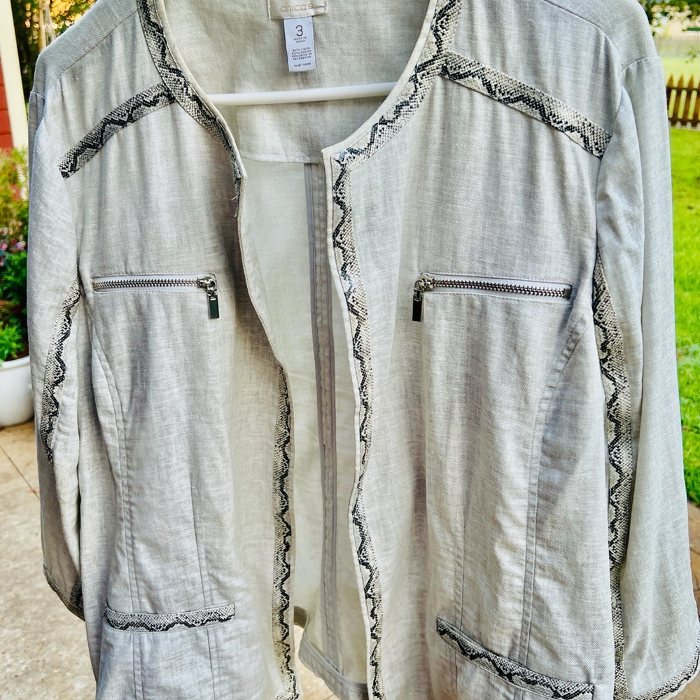 Chicos 3 Linen Cream blazer w/ Animal Print & Pockets 3/4 Sleeves Layering Piece